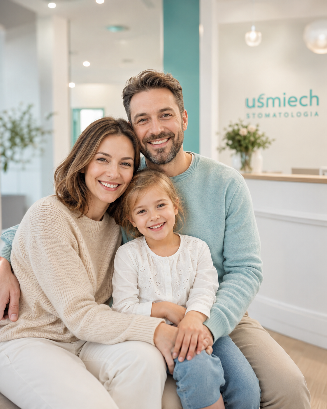 Uśmiechnięta rodzina w recepcji Harmonia – klinika dentystyczna we Wrocławiu